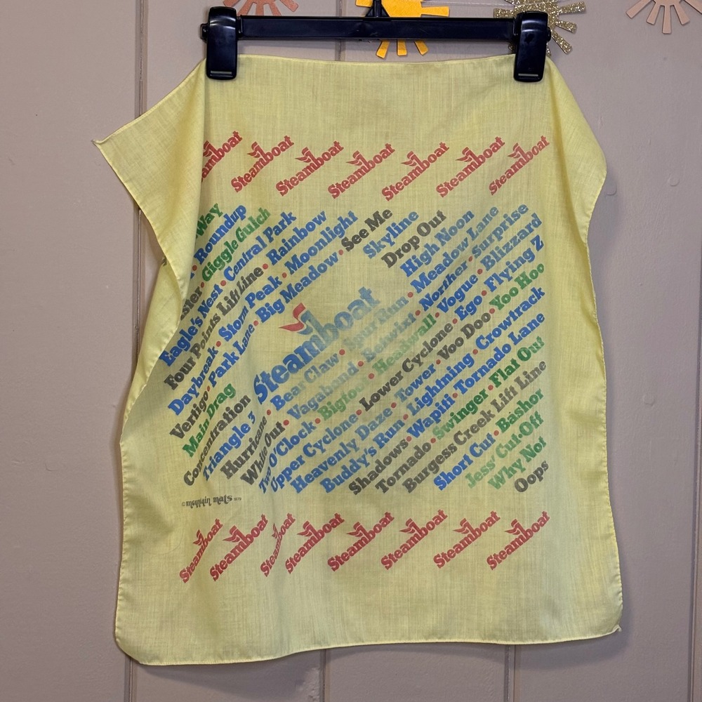 Vintage 1979 Steamboat Ski Resort Mountain Mats Yellow Bandana Trail Map Scarf